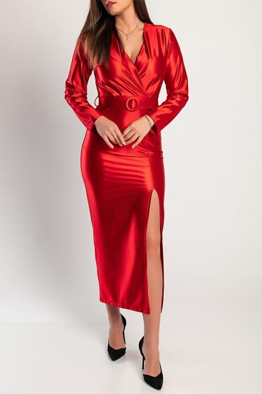 Elegantné midi šaty z imitácie saténu, červené